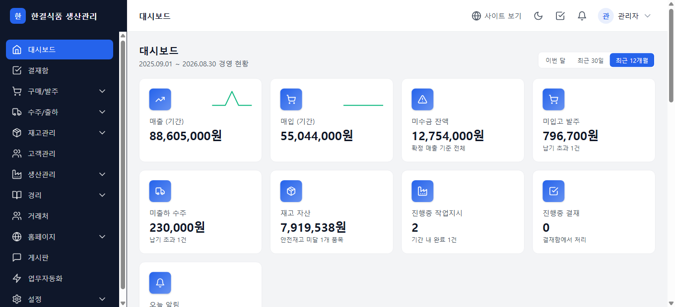 제조 ERP + 생산관리(MES) 데모의 실제 화면